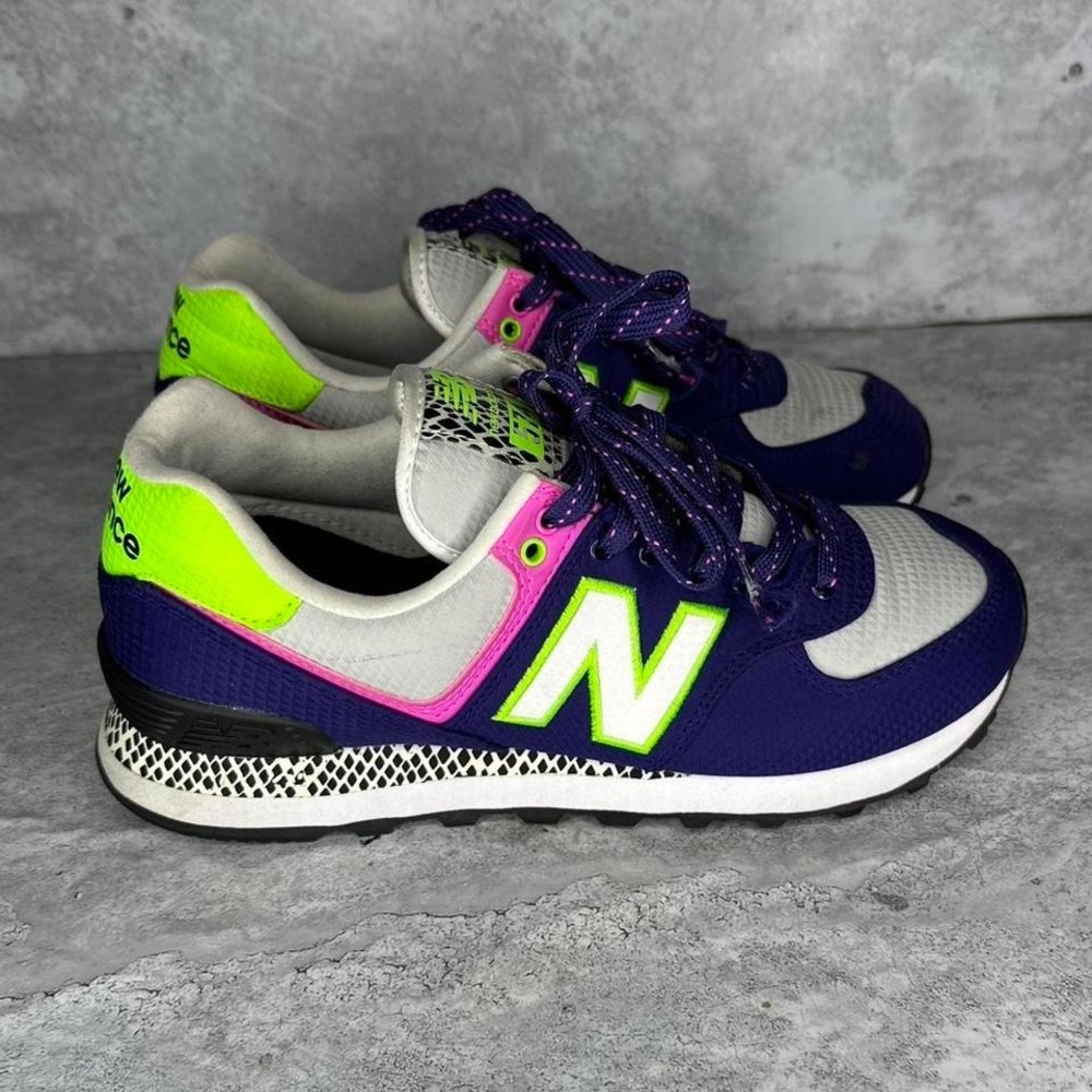 Women's New Balance 574 Purple Neon Green Pink Athletic Sneakers Shoes Size 7.5 - Picture 4 of 8